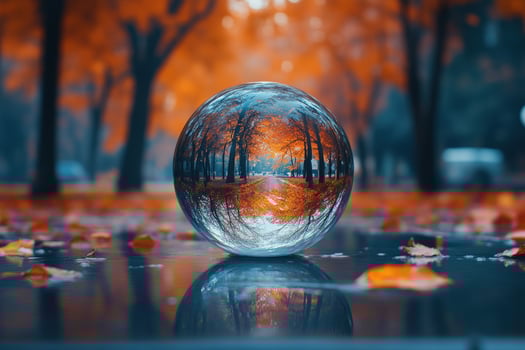 Reflecting autumnal landscape in crystal sphere fall season nature scenery photo