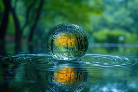Reflective crystal ball on water capturing forest scene photo