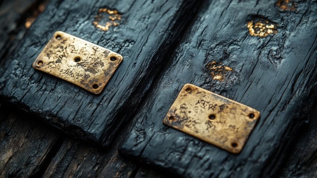 Dark wooden planks with tarnished metal plates texture photo