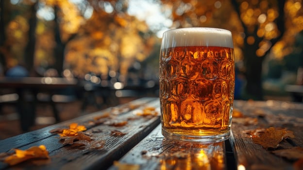 Refreshing mug with frothy beverage on wooden table amidst autumn leaves photo