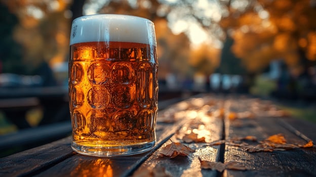 Refreshing glass of beer on wooden table with autumn leaves photo