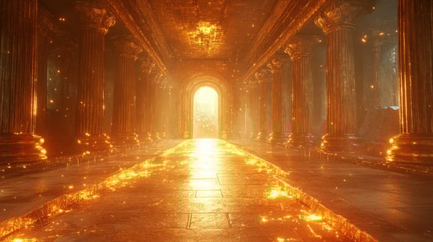 Grand hallway architecture with stone columns and bright glowing archway photo