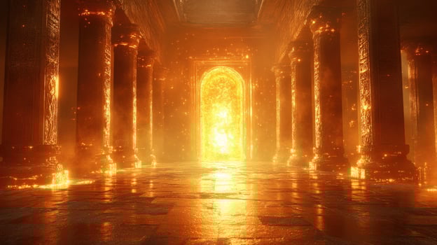 Illuminated grand hall with columns leading to bright doorway architectural interior photo
