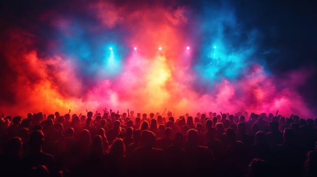 Energetic crowd silhouetted in colorful stage lighting at entertainment event photo
