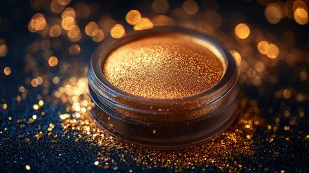 Golden powder shimmer glitter texture in container still life luxury cosmetic product photo