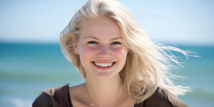 Happy blonde woman beach ocean smile photo