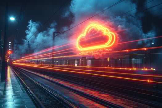 Cloud data transfer on railway neon light speed technology photo