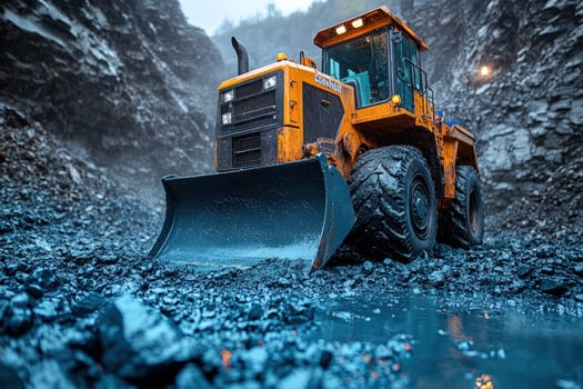 Heavy machinery bulldozer excavating rocky mining site photo