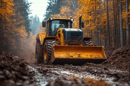 Bulldozer working clearing land in autumn forest environment construction site photo