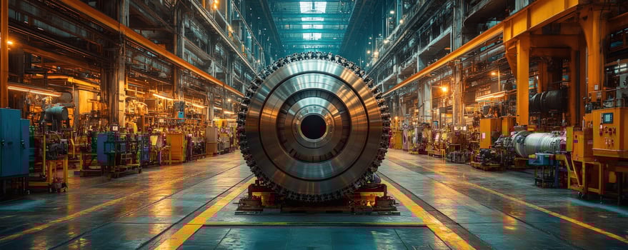 Large metal turbine component inside factory engineering and industrial manufacturing photo