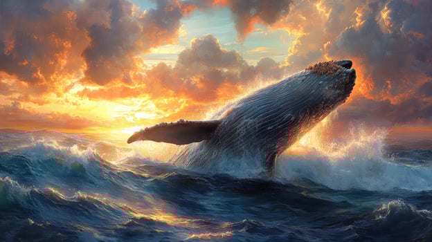Whale breaching in the ocean at sunset scenic seascape photo