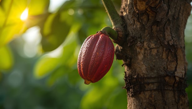 A Vibrant Cacao Pod on the Tree, Illuminated by Sunlight, Ready for Harvest. photo