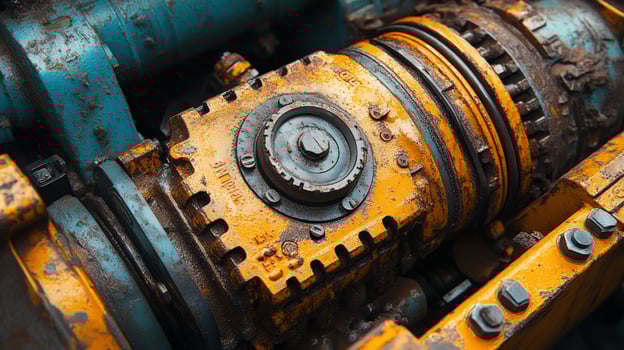 Industrial metal machine component with gears and rustic texture close up photo