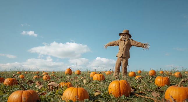 Autumn Harvest Scene. Scarecrow Guarding the Pumpkin Patch on a Sunny Day. photo