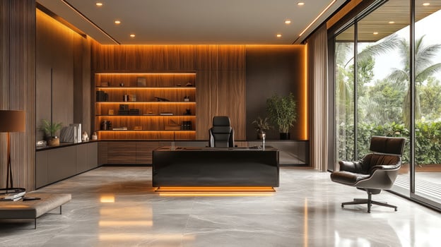Modern executive office interior design with ambient lighting and nature view photo
