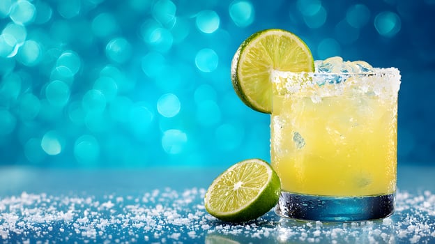 margarita with lime and sugar on blue background photo