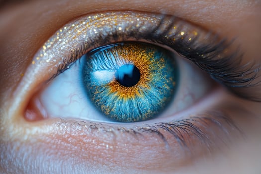 Close up of a human eye with vibrant iris and glitter makeup photo
