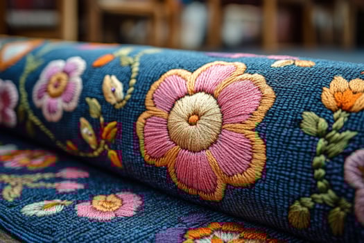 Embroidered fabric with floral pattern close up textile art and craft background photo
