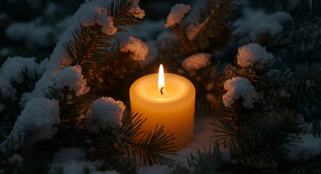 Candlelight Amidst Winters Embrace. A Warm Glow in a Snowy Evergreen Setting photo