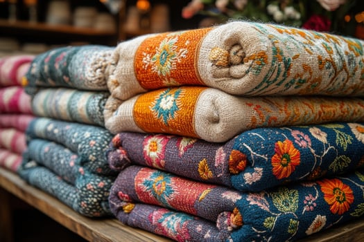 Pile of handwoven textiles with floral pattern decorative home decor photo