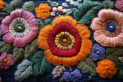 Artistic embroidered floral fabric texture with colorful flowers and leaves photo