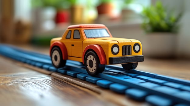 Wooden toy car on railway track childhood play and learning photo