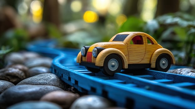 Miniature wooden toy car on blue track photo