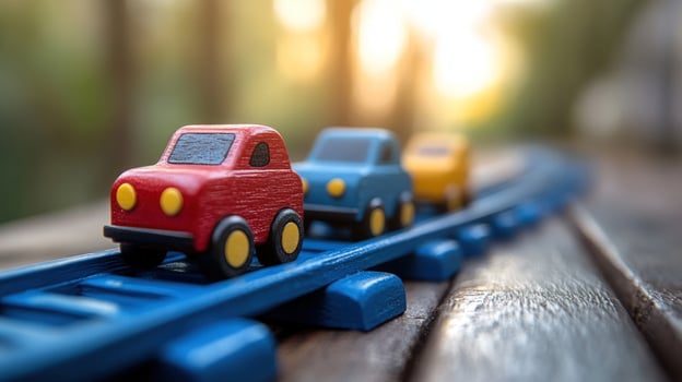Colorful toy cars on a miniature railroad track for kids creative play photo