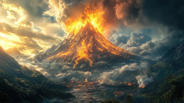 Volcanic eruption landscape with fire and lava in nature photo