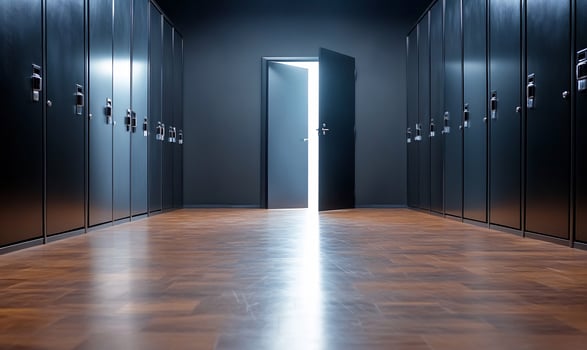 Open door in dark locker room, light shines through photo
