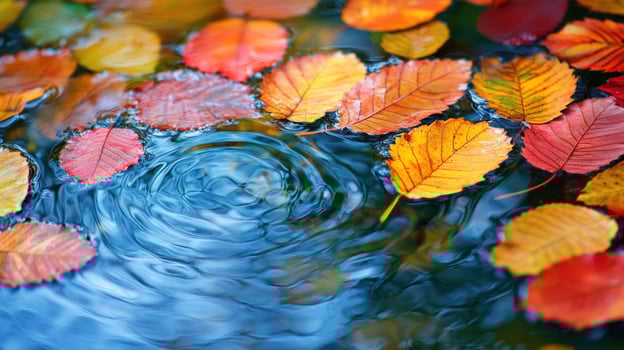 Autumn leaves floating on water surface ripples overhead colorful foliage photo