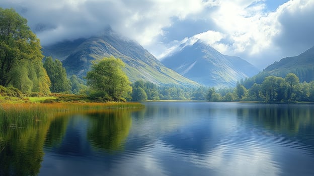 Lake reflection of mountains and sky in tranquil nature landscape photo