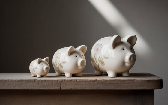 Three white ceramic piggy banks of varying sizes decorated with floral patterns savings money photo