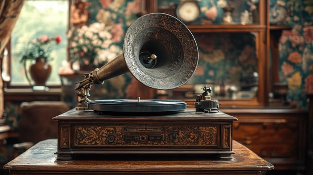 Antique phonograph vintage record player with wooden horn photo