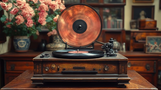 Antique phonograph with vinyl record on wooden console for music and nostalgia photo
