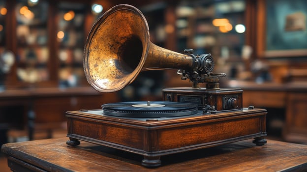 Vintage phonograph with brass horn and wooden base antique music technology photo