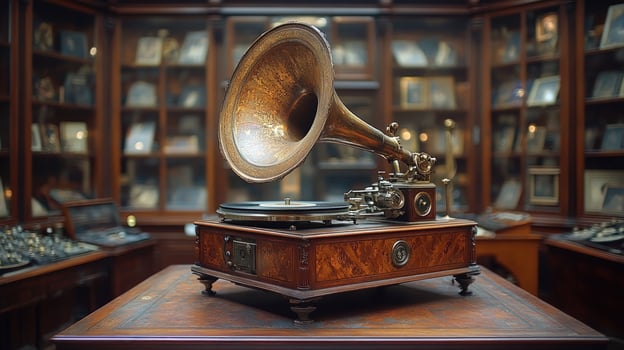 Vintage gramophone phonograph antique music player on wooden table photo