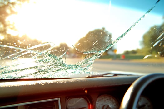 Shattered windshield, sun glare, road trip, accident photo