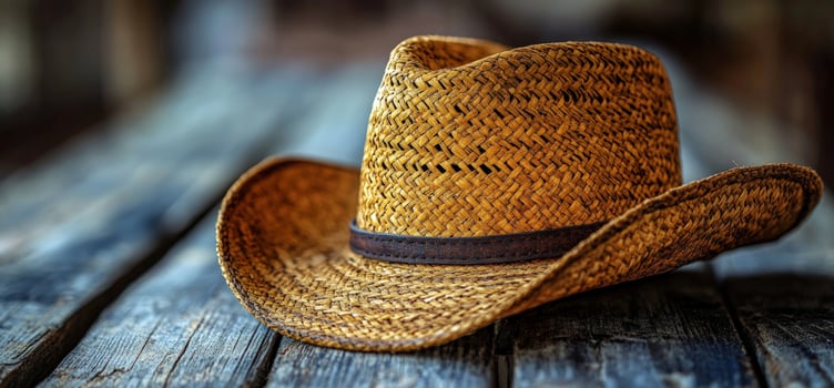 Woven straw hat on rustic wood texture fashion accessory photo