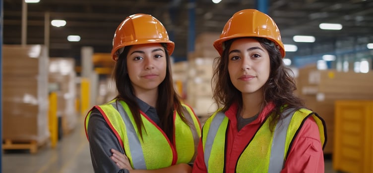 Two female warehouse workers in safety gear photo