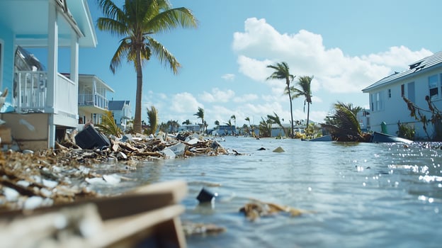 Flooded coastal houses, debris, palm trees. Posthurricane damage photo