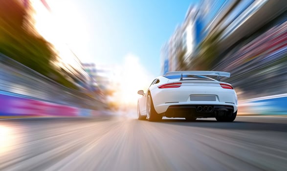 White sports car speeding on racetrack at sunset photo