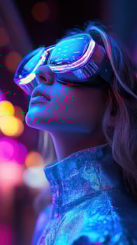 Woman immersed in digital experience with futuristic electronic glasses and artificial intelligence photo