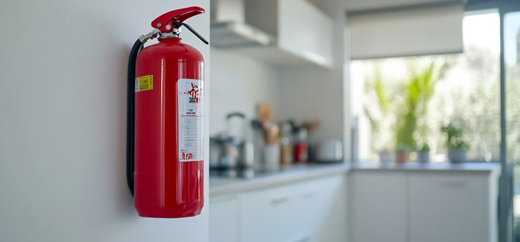 Red fire extinguisher on kitchen wall, safety photo