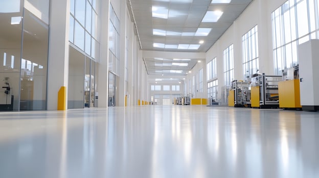 Clean factory corridor, machinery, bright windows, industrial production photo