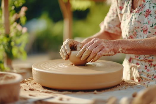 Pottery art crafting clay bowl on rotating wheel handmade hobby photo