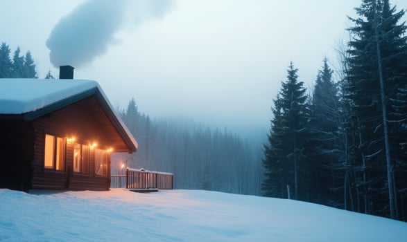 Winter cabin in snowy forest landscape with warm light and fog photo