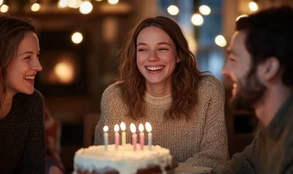 Smiling people celebrate with cake and candles at gathering photo