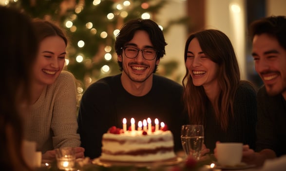 Festive celebration with friends around birthday cake happiness photo