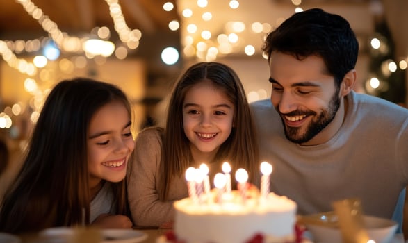 Father and daughters celebrating birthday together photo